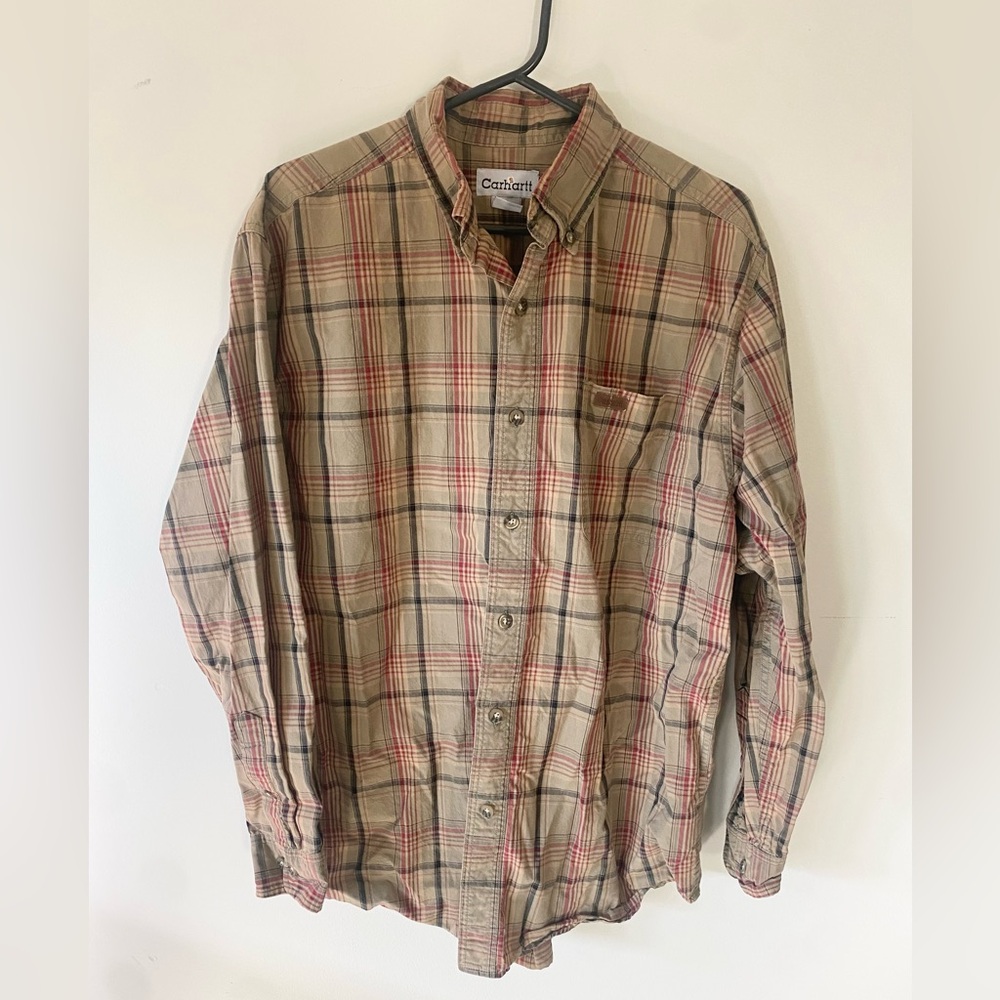 Carhartt men’s vintage plaid button down shirt Gorp medium brown 100% cotton